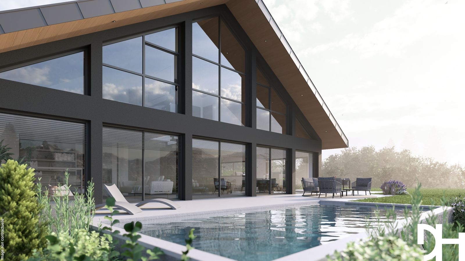 Maison contemporaine à grandes verrières et piscine