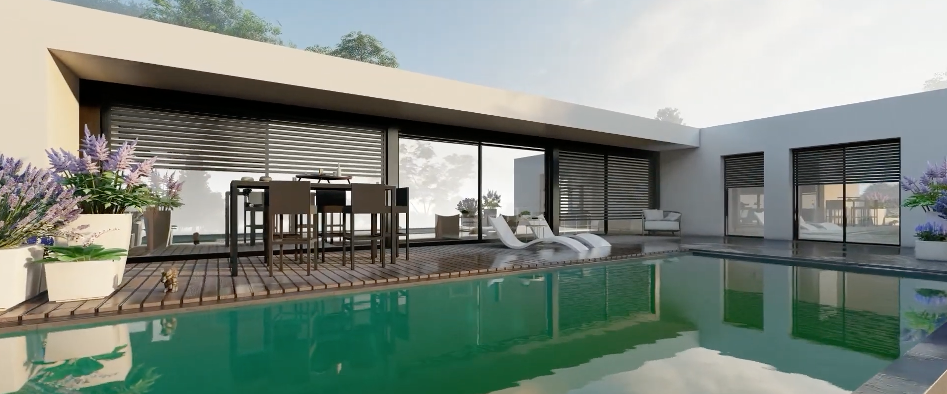 Maison toit plat avec grande piscine et terrasse bois