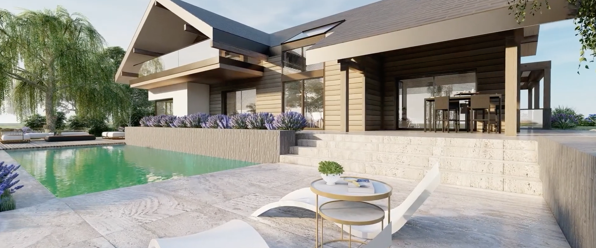 Maison bois et pierre avec piscine, terrasse et lavandes