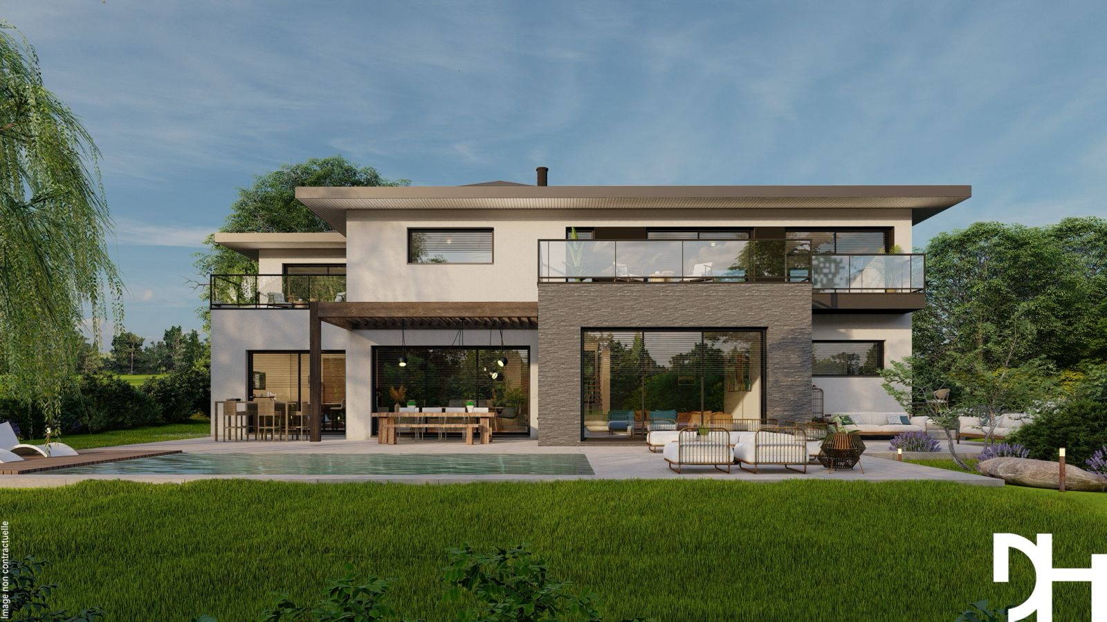 Villa contemporaine en pierre et enduit avec piscine