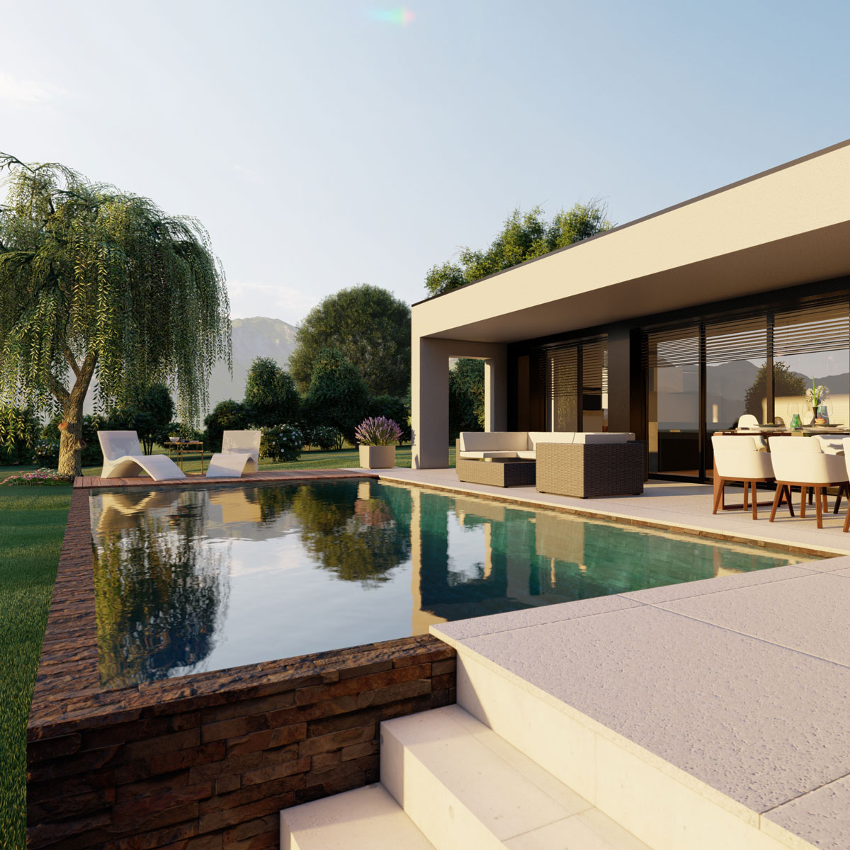 Villa contemporaine toit plat avec piscine et jardin
